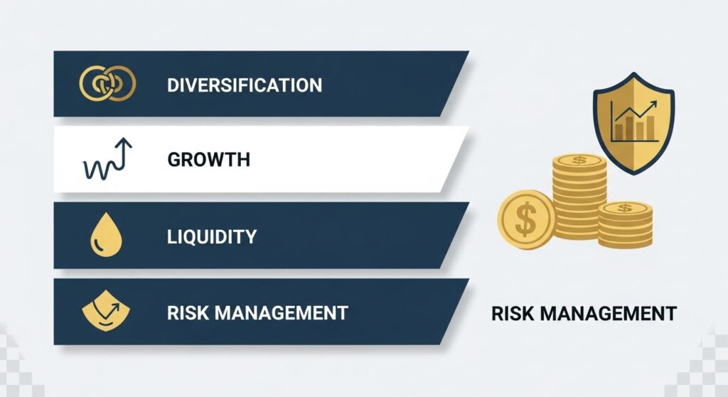 Infographic showing diversification, growth, liquidity, and risk management as characteristics of smart investments.
