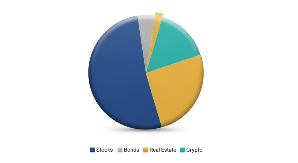 Pie chart showing example portfolio allocation: stocks, bonds, real estate, crypto.