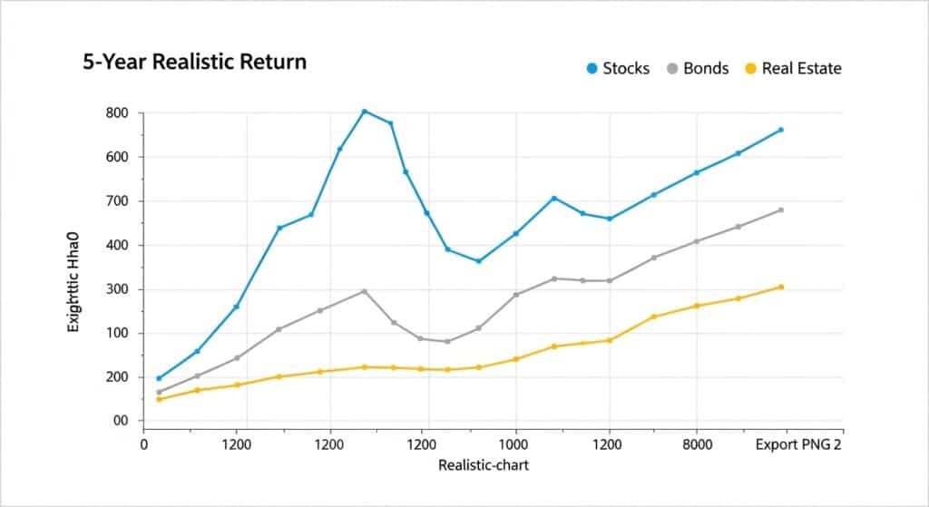 Line chart comparing five-year returns for stocks, bonds, and real estate.