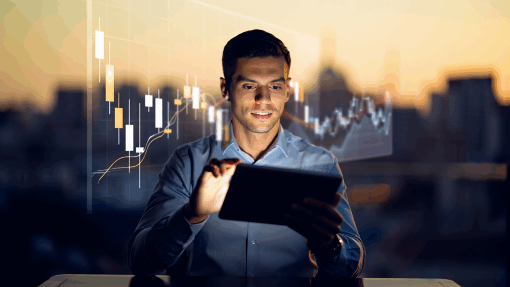 Confident investor reviewing tablet with rising digital charts and city skyline, representing smart investing in 2025.